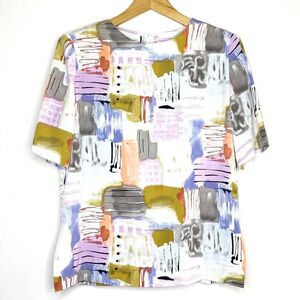 Henry Lee Petites 6P Abstract Art Blouse Zip Back Shoulder Pads Short Sleeve Top
